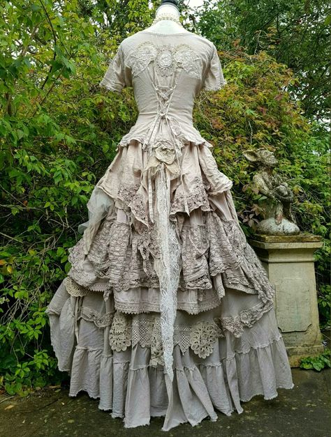 Tattered Clothes Aesthetic, Torn Clothes, Tattered Dress, Layered Dress, Tattered Black Dress, Tattered Wedding Dress, Tattered Fairy Dress, Victorian Beige Dress With Ruffles, Antique Dress Form