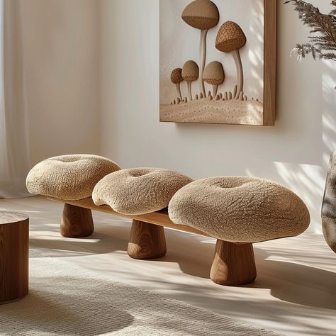 It’s autumn 🍂 so I thought to introduce mushroom -inspired benches that they might capture our hearts just like the previous beloved mushrooms stools! 🍄✨ These bench designs tailor-made pieces feature upholstered cushions in rich, autumnal patterns and hues, bringing the cozy essence of fall into our home. The organic, wood-carved bases complement the textured fabric, making it a harmonious blend of nature and comfort. Ideal for adding a touch of the outdoors inside, these bench designs c... Organic Materials Design, Mushroom Couch, Mushroom Sofa, Nature Inspired Furniture, Mushroom Furniture, Biomorphic Design, Mushroom Stool, Bench Design, Natural Furniture