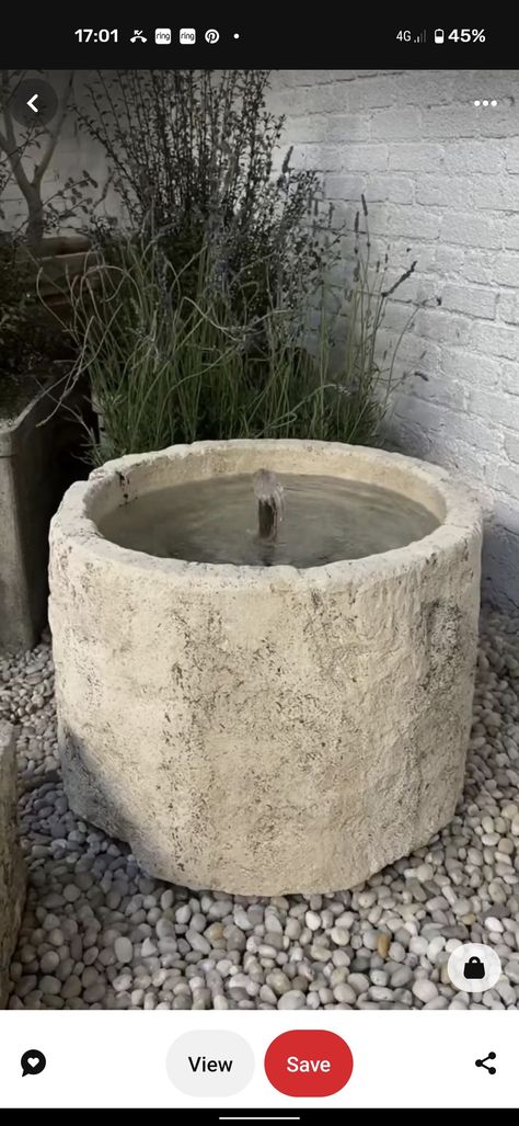 Stone Features In Garden, Classy Landscaping Ideas, Fountain In Front Yard, Fountain On Deck, Limestone Fountain Water Features, Concrete Water Trough, Cement Bowls Diy Concrete Projects, Tuscan Water Feature, Farmhouse Courtyard Ideas