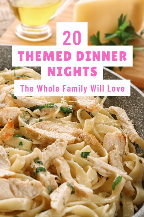 Make every night special with these themed dinner ideas. From international cuisines to movie-inspired meals, there’s something for everyone. Theme Night Meal Planning, Themed Family Dinners, Movie Meal Ideas, Theme Night Dinner Ideas, Dinner And Movie Ideas, Family Movie Themed Dinner Ideas, Dinner Ideas For Friends Night, Movie Themed Meals, Dinner Themes Ideas