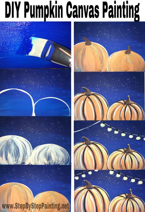 Learn how to paint these pumpkins with acrylic paint on canvas. Free online tutorial at stepbysteppainting.net! How To Paint Pumpkins, Pumpkin Canvas Painting, Paint Pumpkins, Painting Pumpkins, Fall Canvas Painting, Pumpkin Canvas, Fall Canvas, Canvas Painting Tutorials, Easy Canvas Painting