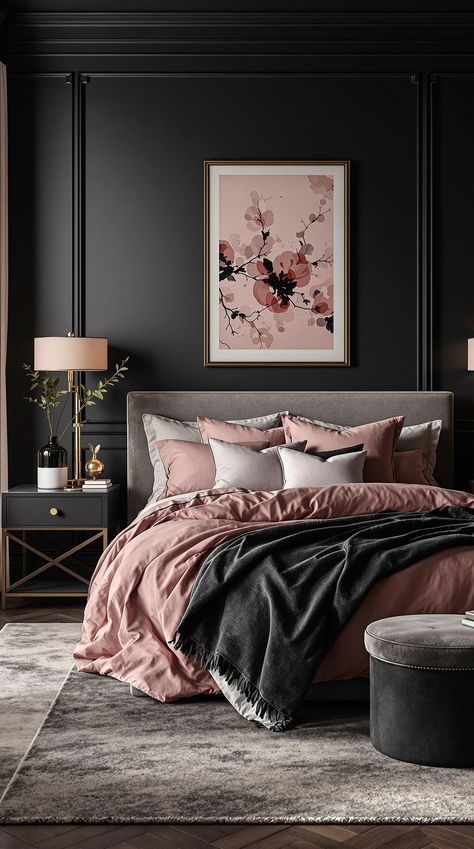 Pink and Black Bedrooms Womens Pink Bedroom Ideas, Pink And Charcoal Bedroom, Pink Black Grey Bedroom, Dusty Pink And Black Bedroom, Neutral Bedroom With Pink Accents, Black And Blush Bedroom, Pink Black Gold Bedroom, Black Pink And Gold Bedroom, Pink And Black Aesthetic Room