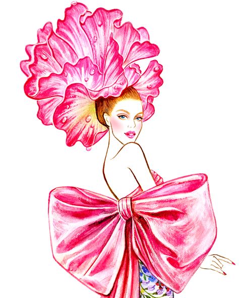 Flower Mood (series) - Sunny Gu - Oscar de la Renta fashion illustration Headgear Sketches, Nature Bouquet, Bouquet Painting, Fashion Illustration Watercolor, Glamour Style, Design Moda, Girly Drawings, Art Painting Gallery, Fashion Illustration Dresses