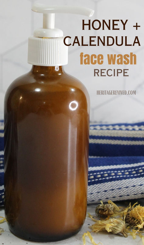 Brown pump bottle with text "Honey Calendula Face Wash Recipe" Diy Herbal Face Cleanser, Face Wash Recipe Homemade, Castile Soap Face Wash Recipes, Diy Face Cleanser Recipes, Calendula Face Cream Diy, Honey Face Wash Recipe, Homemade Face Cleanser Recipe, Benefits Of Honey On Face, Diy Foaming Face Wash