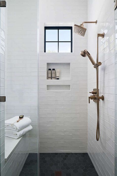 This modern farmhouse provides a serene haven in the Texas Hill Country Modern Farmhouse Tile Bathroom, Master Bath Tile Shower Ideas Farmhouse, Traditional Subway Tile Bathroom, Modern Secondary Bathroom, White Shower Tile Ideas With Accent, Black Hexagon Shower Floor, White Modern Farmhouse Bathroom, Popular Bathroom Tile, Artisan Tiles Bathroom