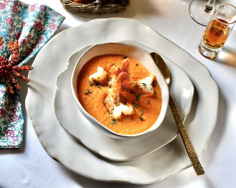 Hearty-Style Shrimp Bisque Inspired by Emeril and Ina - Taste With The Eyes Ina Garten Shrimp, Maple Syrup Salmon, Shrimp Bisque, Mushy Peas, Great British Chefs, Battered Fish, Emeril Lagasse, Seared Salmon, Comfort Soup