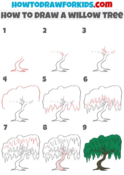 Willow Tree Drawing, Tree Drawing Easy, Trees Drawing Tutorial, Willow Tree Art, Tree Drawing Simple, Useful Skills, A Willow Tree, Family Tree Art, Weeping Willow Tree