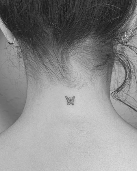 Butterfly Tattoos On Back, Tattoos On Back Of Neck, Behind The Neck Tattoos, Small Butterfly Tattoos, Neck Tattoo Women, Tattoos On Back, Tiny Butterfly Tattoo, Butterfly Neck Tattoo, Tattoos For Women Small Meaningful