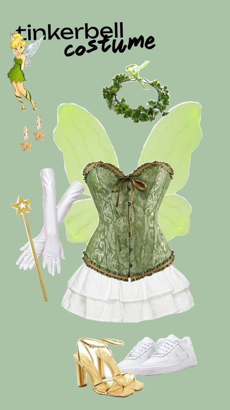 Green Corset Outfit Halloween, Cute Tinker Bell Costume, Baddie Tinkerbell Costume, College Tinkerbell Costume, Fairies From Tinkerbell Costumes, Tinker Bell Corset Costume, Tinkerbell Corset Costume, Tinkerbell Costume Corset, Halloween Corset Costumes Ideas