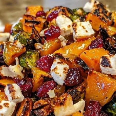 Our Little Bit of Earth on Instagram: "🍂 Cranberry-Glazed Roasted Butternut Squash, Brussels Sprouts, and Sweet Potato Salad with Cranberries and Goat Cheese 🧀  This fall-inspired salad brings together roasted butternut squash, Brussels sprouts, and sweet potatoes, topped with tangy cranberry glaze, creamy goat cheese, and extra cranberries for a delicious balance of sweet and savory flavors.  Ingredients:  For the Roasted Vegetables: 1 small butternut squash, peeled and cubed 1 lb Brussels sprouts, trimmed and halved 2 medium sweet potatoes, peeled and cubed 3 tablespoons olive oil Salt and pepper, to taste 1 teaspoon dried thyme  For the Cranberry Glaze: 1/2 cup cranberry juice 1/4 cup dried cranberries 2 tablespoons honey or maple syrup 1 tablespoon balsamic vinegar  For the Finishing Cranberry Glazed Roasted Butternut Squash Brussel Sprouts And Sweet Potatoes, Brussels Sprouts And Sweet Potatoes, Butternut Squash Bacon, Cranberry Glaze, Sprouting Sweet Potatoes, Salad With Cranberries, Butternut Squash Sweet, Sweet Potato Salad, Healthy Thanksgiving Recipes