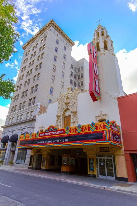 The Bob Hope (Fox) Theatre in Downtown Stockton, built in 1930, was one of only two "movie palaces" in the Central Valley of California. Fox Theatres was a major chain of grand movie palaces that were built on the west coast primarily in the 1920s and 1930s. Stockton's historic Fox Theatre was saved and lovingly renovated so that future audiences may continue to enjoy its beauty. Theatre Exterior, California Movie, Stockton California, Bob Hope, Central Valley, Visual Media, Wall Pictures, Movie Theater, Fort Lauderdale