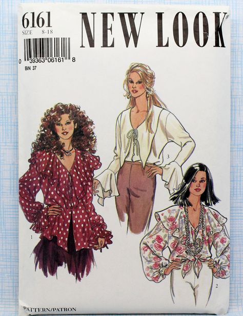 New Look Sewing Pattern 6161, Misses Blouse With Wide Neckline Shawl Ruffles, Uncut/FF, Misses' Size 8 10 12 14 16 18 by Allyssecondattic on Etsy Steampunk Blouse, Chelsea Collar, 1990s Style, New Look Patterns, Loose Fit Blouse, Paper Sewing Patterns, Sewing Pattern Sizes, Fashion Illustrations, 1980s Vintage