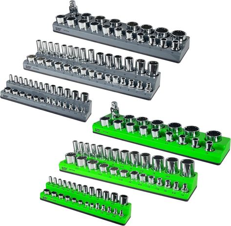 【Socket Organizer Set with 143 Slots】This socket tool organizer includes 3 gray metric and 3 green SAE magnetic socket holders for 1/4", 3/8" and 1/2" drives, which can accommodate a total of 143 sockets. Tips: The sockets are not included in the holders. 【Magnetic Base】The tray base holds the sockets in the designated position of the tool box, and they will not fall out even if you turn the 3/8 socket organizer upside down. The socket tray is made of heavy-duty molded ABS , and the surface is made of soft rubber, which will not scratch tools and sockets. 【Keep Sockets Organized】Each socket organizer tray has two rows of storage holes - the top row can fully accommodate longer sockets, while the bottom row can tightly accommodate standard sizes. The set comes with a combination of deep and Socket Trays, Wrench Organizer, Socket Organizer, Magnetic Tools, Tool Box Storage, Socket Holder, Tool Chest, Ceiling Fan In Kitchen, Tool Holder