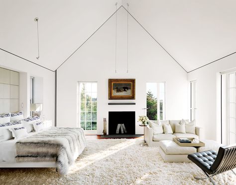 vaulted ceilings 13 Nantucket Cottage, All White Bedroom, White Fireplace, Bedroom Fireplace, Bedroom Decor Cozy, Design Seeds, In The Corner, Vaulted Ceiling, White Bedroom