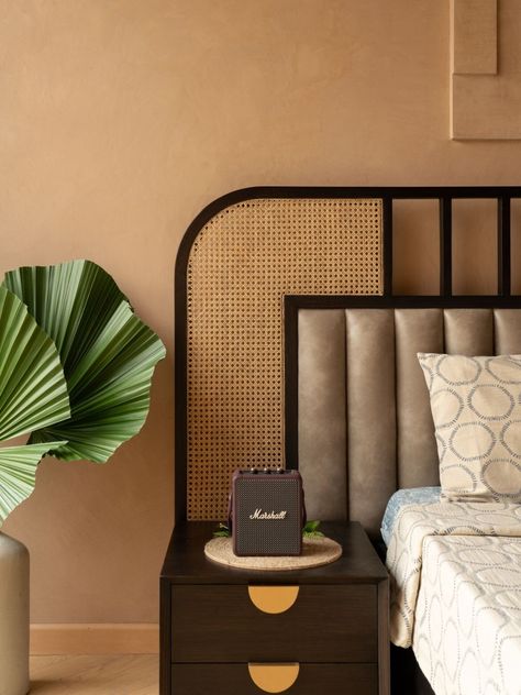 The Melange Studio designs Kanso House | Habitus Living Rattan Inspired Bedroom, Cane Bed Back Design, Cane Bed Design, Rattan Furniture Bedroom, Wardrobe Design Bedroom Rattan, Cane Beds, King Size Rattan Bed, Tv Unite, Rattatan Bed Frame