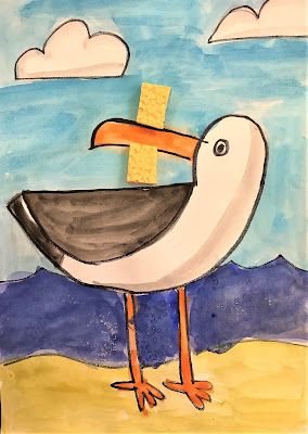 Art with Mrs Baker: Grade 1 & 2 Seagull with Chips Art! Beach Art Projects For Kids, Seagull Craft, Beach Art Projects, Ocean Animals Preschool, Seagull Art, Animals Preschool, Rainbow Craft, Chip Art, Rock Beach