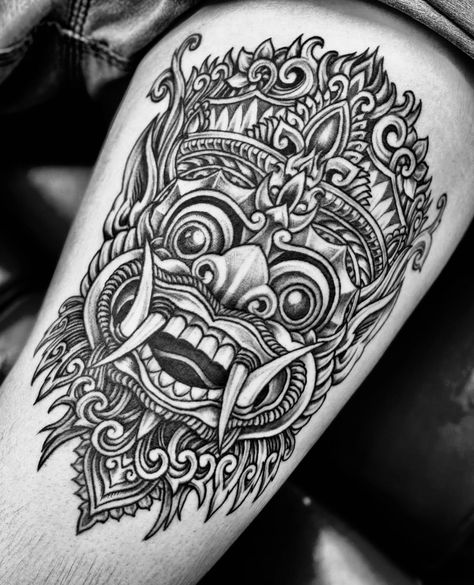 Indonesian Mask Tattoo, Barong Tattoo Balinese, Balinese Mask Tattoo, Thai Leg Tattoo, Bali Mask Tattoo, Laos Tattoos, Balinese Tattoo Design, Tattoo Balinese, Barong Mask Tattoo