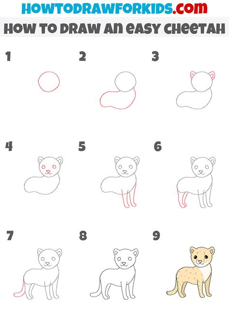 How to Draw an Easy Cheetah Step by Step - Easy Drawing Tutorial For Kids Easy Wild Animal Drawings, Puma Drawing Easy, How To Draw A Cheetah Easy, How To Draw Zoo Animals Step By Step, How To Draw A Cheetah Step By Step, How To Draw Cheetah, How To Draw A Cheetah, Cheetah Drawing Easy, Cheetah Doodle