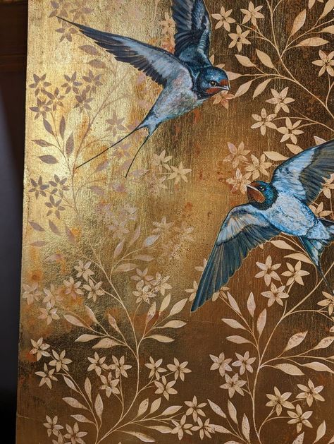 Chinoiserie Painting, Painted Backdrops, Peacock Wall Art, White Jasmine, Gold Leaf Art, Chinoiserie Wallpaper, Gold Leaf Painting, A Wallpaper, Butterfly Painting