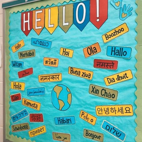 Multilingual Hello in the ESL Classroom - Language Adventurist Bilingual Bulletin Boards, Esl Bulletin Board Ideas, Multilingual Aesthetic, Esl Bulletin Board, Multicultural Classroom, Inspirational Classroom Posters, Board Classroom, Dream Classroom, Farm Books