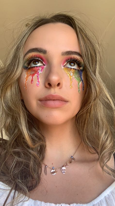 Dripping Eye Makeup, Teardrop Makeup Look, Tear Drop Makeup Look, Glitter Crying Makeup, Rainbow Tears Makeup, Crying Glitter Makeup, Crying Clown Makeup, Cry Makeup Look, Tear Drop Makeup