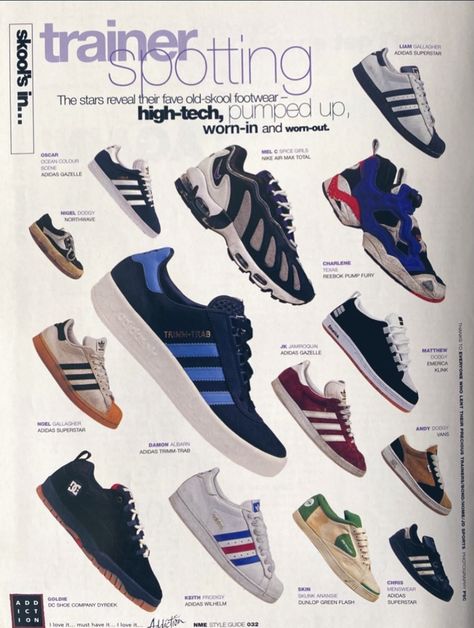 2000s Adidas Shoes, Adidas 90s Shoes, Britpop Fashion 90s, Britpop Outfit, 90s Shoes Sneakers, Britpop Fashion, 90s Trainers, Oasis Adidas, 2000 Sneakers