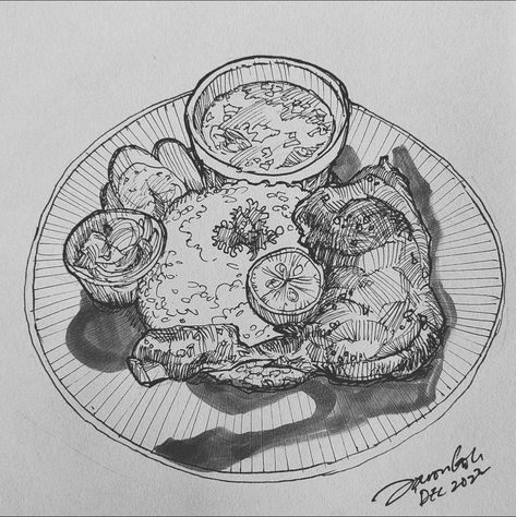 Rice Drawing Illustration, Fried Chicken Sketch, Food Drawing Sketches Pencil, Food Sketch Pencil, Food Sketches, Cool Things To Draw, Plate Drawing, Cool Drawing Ideas, Ink Pen Art