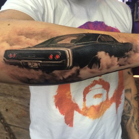 Dodge Challenger tattoo by David Baldaro Card Tattoos For Men Ideas, Car Chest Tattoo, Dodge Challenger Tattoo, Dragracing Tattoo, Challenger Tattoo, Old Car Tattoo, Dodge Tattoo, Simple Car Tattoo, Pops Tattoo