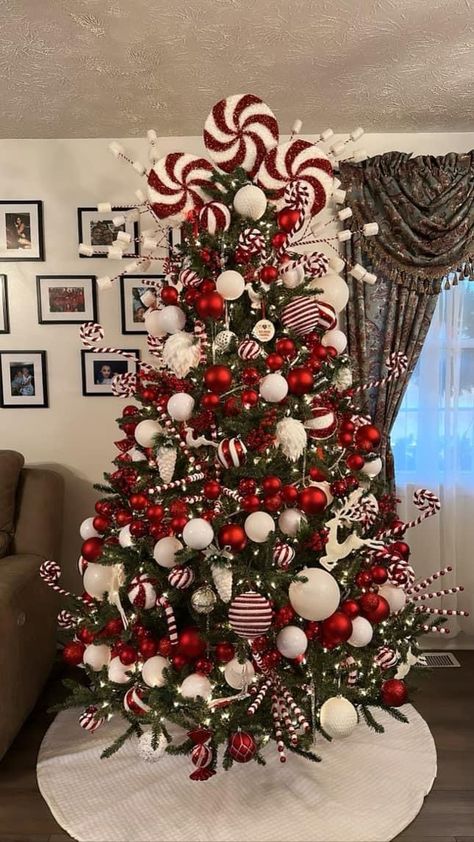 Candy Cane Themed Christmas Tree, Santa Claus Tree, Peppermint Gingerbread Christmas Tree, Peppermint Tree Christmas, Christmas Tree Themes Peppermint, Peppermint Aesthetic, Ginger Bread Christmas Trees, Candycane Christmas Trees, Christmas Tree Peppermint Theme