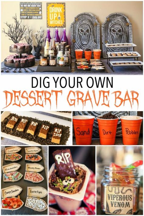 Love this dig your own dessert graveyard bar idea, such a fun way to let your guests make their own Halloween desserts! Graveyard Dessert, Creative Halloween Desserts, Halloween Dessert, Easy Halloween Food, Halloween Queen, Themed Desserts, Pumpkin Party, Dessert Bar, Halloween Food For Party