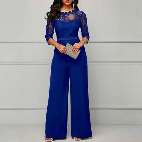 cd0dce8fca267bf1fb86cf43e18d5598desc47862216ri Celana Fashion, Cheap Jumpsuits, Style Wide Leg Pants, Scalloped Neckline, Rompers Online, Jumpsuit Elegant, Blue Jumpsuits, Jumpsuit With Sleeves, Lace Fashion