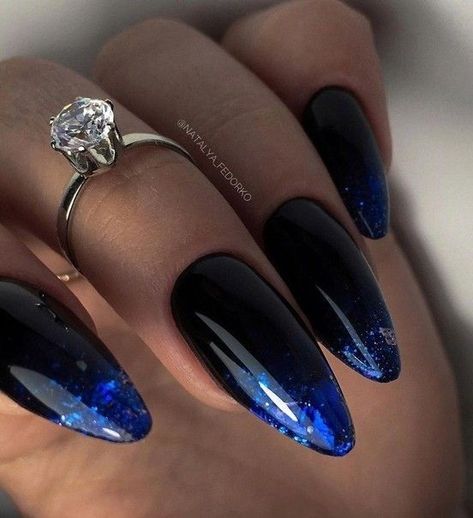 Navy And Purple Nails, Blue And Black Nails Designs, Blue And Black Nails, Black And Blue Nails, Nail Ideas For Fall, Almond Nail Ideas, Blue Prom Nails, Black Ombre Nails, Art Content