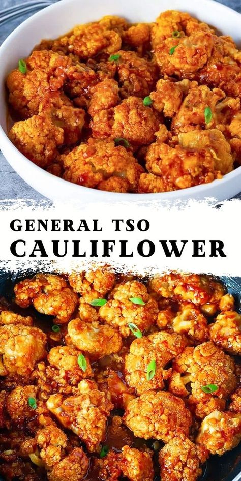 Asain Cauliflower Recipes, Vegan General Tso Cauliflower, General Tao Cauliflower Recipe, Firecracker Cauliflower Recipes, Cauliflower Recipes Asian, Chinese Cauliflower Recipes, Calfower Recipes, Cauliflower General Tso, Pku Recipes Meals