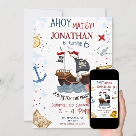 Pirate Ship Anchor, Pirate Party Invitations, Pirate Hook, Pirate Birthday Invitations, Pirate Themed Birthday Party, Pirate Invitations, Pirate Themed Birthday, Boy Birthday Party Themes, Ship Anchor