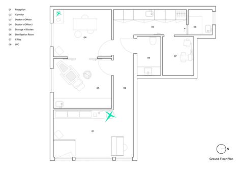 Clínica da Vila is a dental surgery located in Ericeira, a small fishing town half an hour by car from Lisbon on the Portuguese West coast. The project consisted of restructuring the ground floor area within a two storey building located in the histor... Small Dental Clinic Design Floor Plans, Dental Clinic Floor Plan, Dental Clinic Plan, Clinic Floor Plan, Small Dental Clinic, Clinic Plan, Dental Decor, Dental Cabinet, Fishing Town