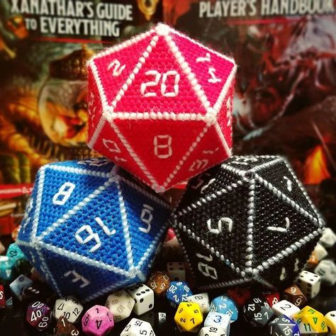 NEW! Large D20s! www.geekycutecrochet.com Geek Girl, Plastic Canvas Ornaments, Geek Crafts, D20 Dice, Geek Decor, Crochet Bucket Hat, Pixel Pattern, Geek Gifts, Gamer Gifts