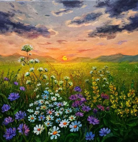 Mountain Flowers Painting, Landscape Paintings Flowers, Spring Landscape Paintings, Flower Meadow Painting, Field Of Flowers Painting, Flower Garden Painting, Flower Field Painting, Grass Painting, Farm Paintings