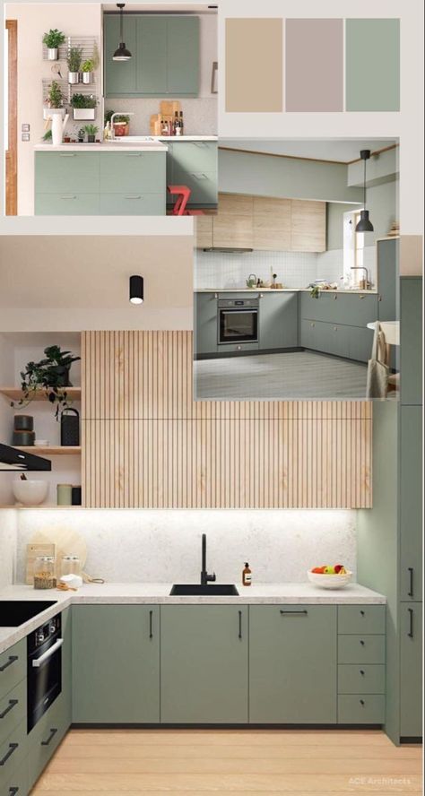 Sep 23, 2020 - Kitchen decoration, decor, small kitchen, pastel colour, kitchen design Kitchen Cabinets Color Combination, Desain Pantry, Kabinet Dapur, Kitchen Interior Design Decor, Kitchen Interior Design Modern, Green Cabinets, Modern Kitchen Cabinets, Kitchen Room Design, Kitchen Inspiration Design