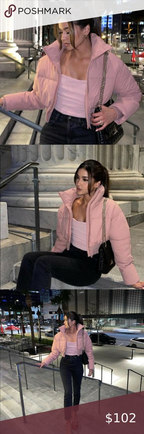 ZARA CROP PUFFER JACKET PINK Cropped Padded Jacket Outfit, Pink Cropped Puffer Jacket Outfit, Outfits With Pink Puffer Jacket, Pink Crop Jacket Outfit, Pink Puffy Jacket Outfit, Dark Pink Jacket Outfit, Light Pink Puffer Jacket Outfit, Puffer Jacket Outfit Pink, Pink Jeans Jacket Outfit