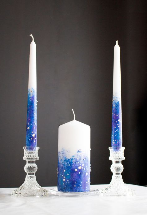 This set is 3 or 6 pcs. 3 candles or 3 candles with candleholders. ideal for tour galaxy wedding. Please allow 2 weeks for production and shipping. These are custom, made-to-order items. Rush orders available for a fee. Night Sky Wedding Centerpieces, Galaxy Wedding Centerpieces, Galaxy Wedding Theme Centerpieces, Purple Celestial Wedding, Night Under The Stars Theme Wedding, Galaxy Wedding Decor, Starry Night Wedding Theme Decoration, Galaxy Centerpiece Ideas, Galaxy Wedding Theme