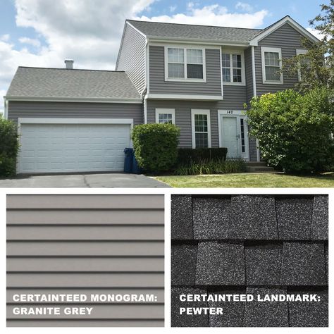 ROOF:  CertainTeed Landmark | Pewter SIDING:  CertainTeed Monogram | Granite Grey Vinyl Siding Color Schemes, Grey Siding House, Certainteed Vinyl Siding, Exterior Siding Ideas, Grey Vinyl Siding, Vinyl Siding Colors, Roof Shingle Colors, Grey Siding, Siding Ideas