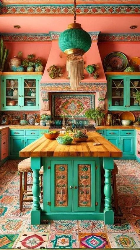 Pastel Orange Kitchen, Coral Kitchen Ideas, Turquoise Kitchen Ideas, Artist Kitchen, Colorful Eclectic Kitchen, Kitchen Turquoise, Southwestern Interior Design, Pig Sty, Strange Decor