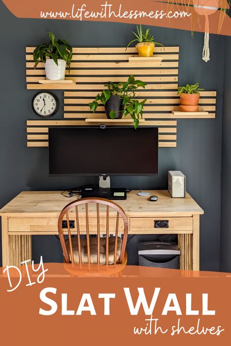 DIY Slat Wall with Shelves - Life with Less Mess Slat Wall With Movable Shelves, Slat Wall Bookshelves, Diy Wood Slat Half Wall, Wood Slat Shelf Wall, Slate Wall With Shelves, Japandi Slat Wall, Horizontal Slat Wall With Shelves, Faux Slat Wall, Slat Wall With Shelves