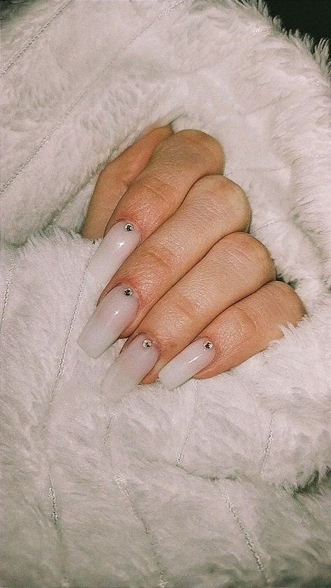 Milky White With Sparkles, Milky White Nails With Rhinestones, Milky Nails, Diamond Nails, Elegant Nails, Rhinestone Nails, White Nails, How To Do Nails, Stylish Nails