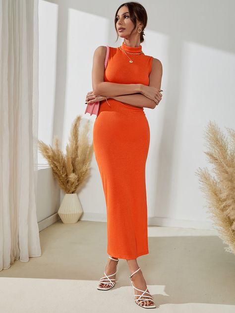 Solid Mock Neck Bodycon Dress Chic Midi-length Solid Color Bodycon Dress, High Neck Ribbed Bodycon Midi Dress, Orange Stretch Midi Bodycon Dress, Orange Midi-length Bodycon Dress For Summer, Knit Bodycon Midi-length Dress, Mock Neck Bodycon Dress, Plus Size Spring, Elegant Fabric, Neck Bodycon Dress