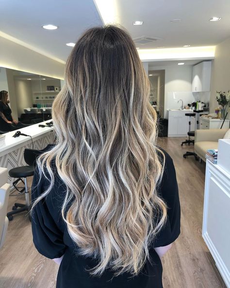 Balayage To Brown Hair, High Up Balayage, Blonde Ombre Brunette, Blond Ombre Hair Balayage, Cool Blonde Ombre Balayage, Cream Blonde Balayage On Dark Hair, Black Hair Blond Balayage, Brunette Hair W Blonde Highlights, Balayage Hair Extensions Dark Roots