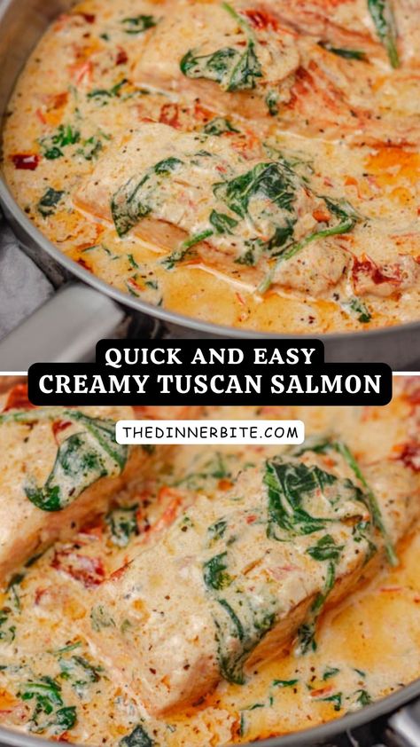 Experience the culinary magic of our Quick and Easy Creamy Tuscan Salmon. This recipe effortlessly brings you the heart of Italy's rich gastronomic heritage right at your kitchen table. The succulent salmon, smothered in luscious creamy sauce and accented with Tuscan herbs, is a dish that promises a feast of the senses. It's fast, it's easy, and it's a meal everyone in your family will look forward to. Dominican Salmon Recipe, Salmon Recipes Quick, Best Fish Recipes Healthy, Salmon Recipes For High Cholesterol, Salmon Recipes With Tomatoes, Fast Fish Recipes, Salmon Peppers And Onions, Unique Salmon Dishes, Creamy Tuscan Salmon Recipe