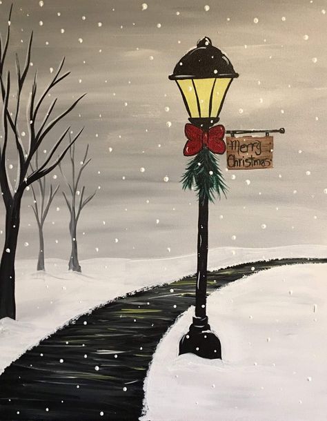 Christmas Backgrounds Drawings, Christmas Acrylic Art Canvas Ideas, Winter Lamp Post Painting, Christmas Lantern Painting, Christmas Paintings On Canvas Aesthetic, Christmas Scenery Paintings Easy, Cute Winter Paintings, Christmas Aesthetic Painting, Christmas Painting Ideas On Canvas Easy