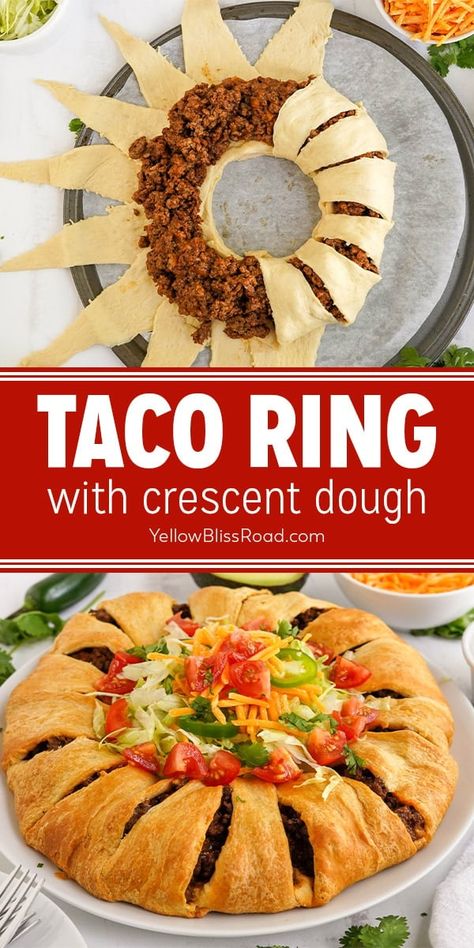 This Crescent Taco Ring is a hearty appetizer or simple meal. Super easy to make with just a few ingredients and perfect for game day parties! Taco Ring With Crescent Rolls, Crescent Roll Recipes Dinner, Taco Ring, Crescent Recipes, Beef Taco, Crescent Ring, Pampered Chef Recipes, Chile Relleno, Mexican Dinner