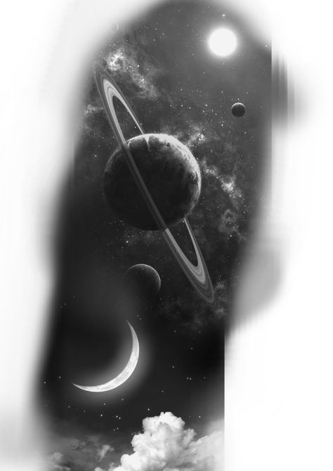 Realism Space Tattoo, Galaxy Tattoo Design Black And Grey, Universe Tattoo Galaxies Black And White, Cover Tattoo Ideas Black, Planets Tattoo Design, Galaxy Tattoo Design, Space Tattoo Designs, Planets Tattoo, Galaxy Tattoos